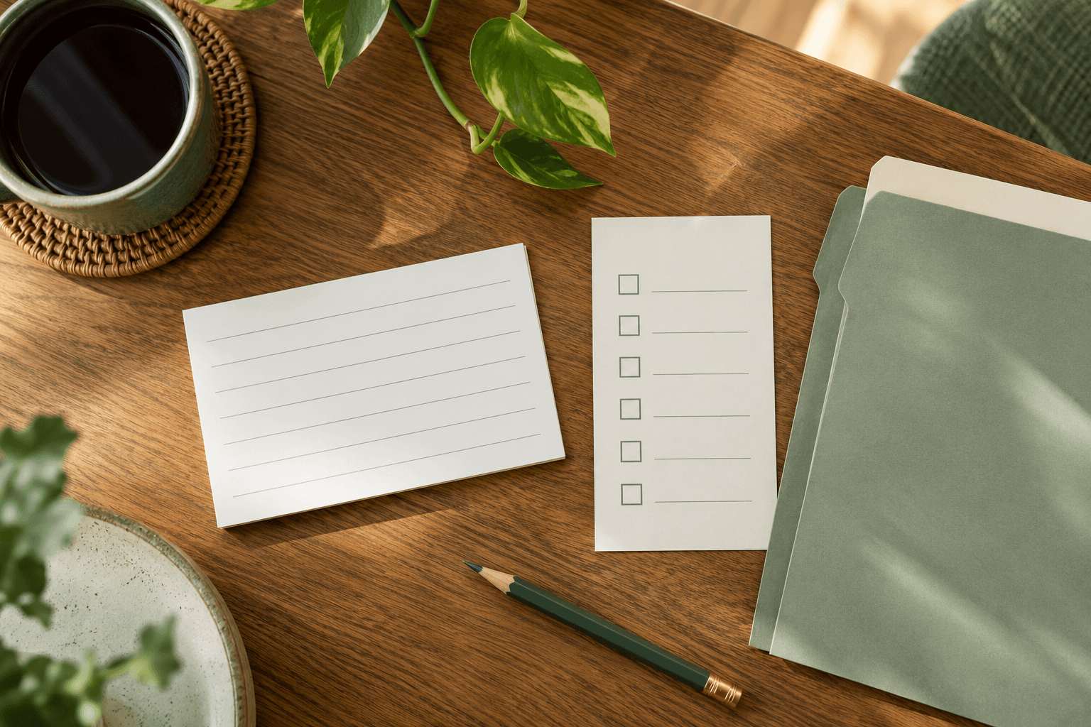 Blank intake card and empty review checklist on a desk, with no personal information